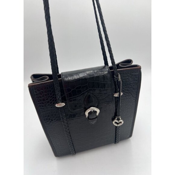 Brighton Black Faux Croc Leather Shoulder Bag w/ Brown Trim & Silver Accents - Picture 1 of 15